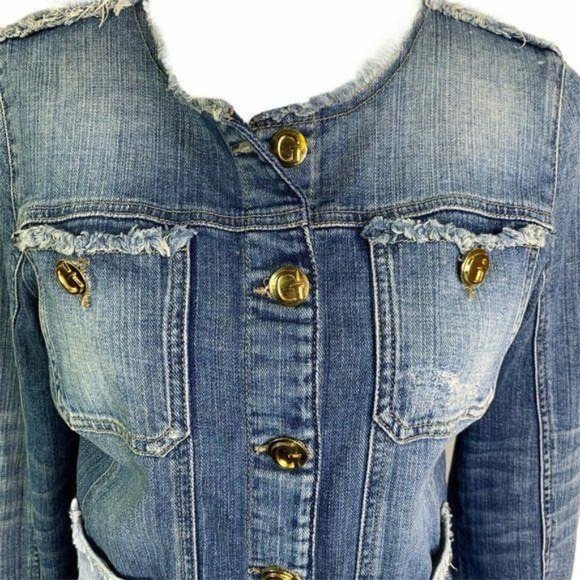 GUESS Denim Gold Buttons Raw Hem Distressed Jacket - Picture 2 of 9